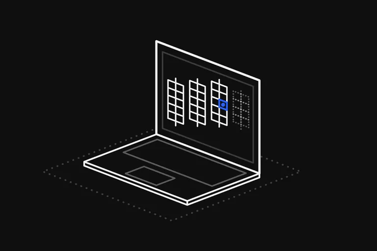 Line drawing: an open laptop on a dotted floor; on its screen three candles climb to the right, each split into small cells two to a row, one cell of the newest candle is blue, and where the next candle will stand is only dotted.