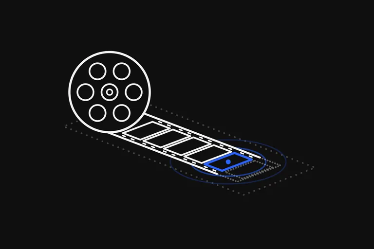 Line drawing: a film reel standing upright, with a hub and six round holes, and a strip of film running out from under it across a dotted floor toward the front right, drawn in white lines; the strip is divided into frames with small sprocket marks down both edges, and the frame nearest us is blue, with rings spreading on the floor around it, while one more frame beyond it is only dotted and dim, for the one still to come.