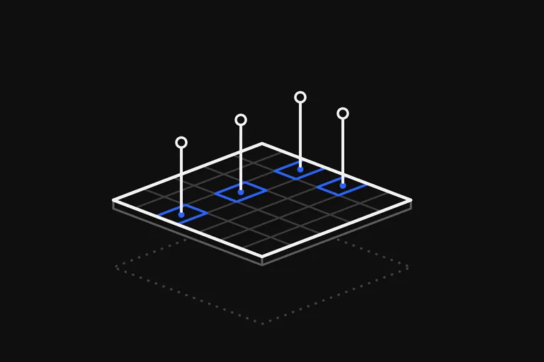 Line drawing: a month as a sheet of day cells. Four cells are outlined in blue and a pin stands in each.