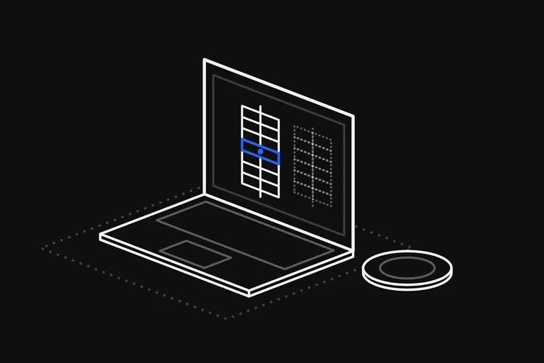 Line drawing: an open laptop on a dotted floor with a coin lying beside it; on the screen one large candle is split into rows of small cells, its busiest row is blue, and a second candle to its right is only dotted.