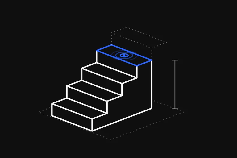 Line drawing: stairs of four steps rising to the right. The top step is blue, and a fifth step above it is only dotted.
