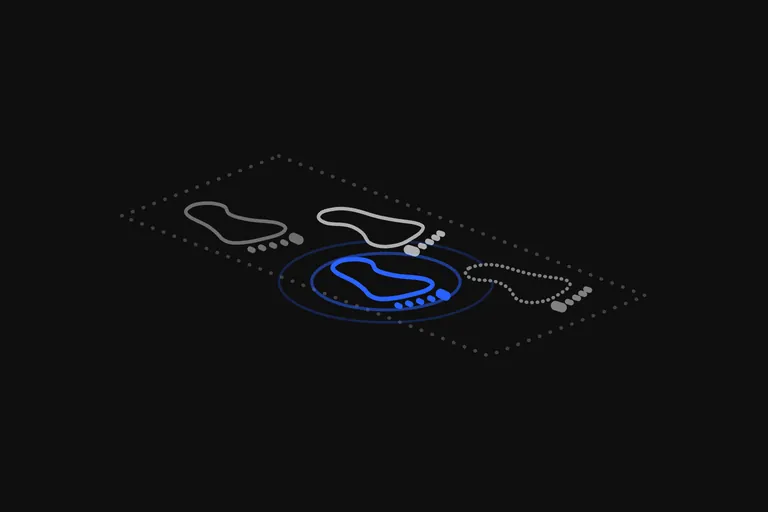 Line drawing: a trail of bare footprints, each a sole and five toes, crossing a dotted floor toward the front right, drawn in white lines that are dimmer the older the print; the newest print is blue, with rings spreading on the floor round it, and the next one, not yet taken, is only dotted.