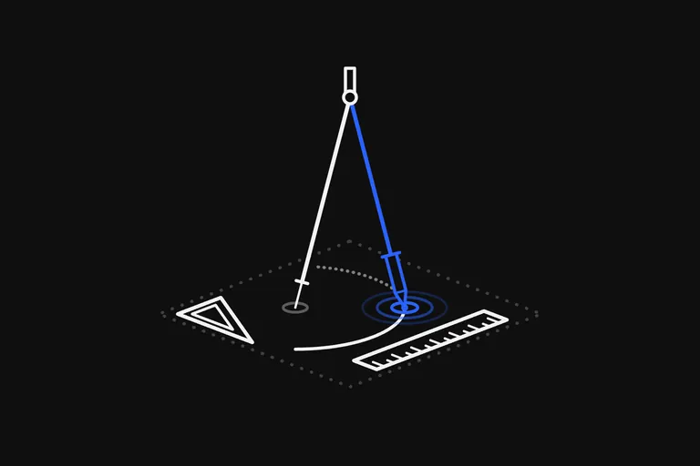 Line drawing: a drawing compass standing on a dotted sheet with a set square lying to its left and a ruler to its right, drawn in white lines; the leg that holds the pencil is blue, with rings spreading where its point touches the sheet, and the part of the arc it has not drawn yet goes on dotted.