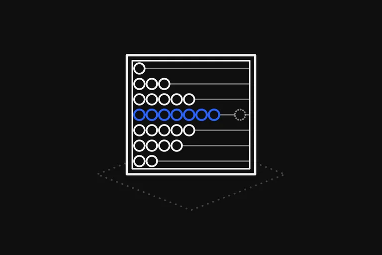 Line drawing: an abacus standing on a dotted floor, drawn in white lines, with the beads on its seven rods pushed to the left in rows that are short at the top and the bottom and longest in the middle, the shape a market profile builds; the longest row is blue, and one more bead further along its rod is only dotted, for the one still to be added.