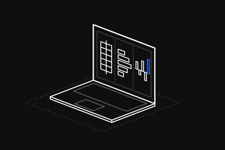 Line drawing: an open laptop on a dotted floor; its screen is split by dotted lines into three panels, a candle cut into small cells, a sideways profile of bars, and a row of short bars above and below a line, the tallest of them blue.