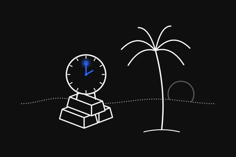 Line drawing: a round clock with twelve tick marks and no numbers standing on two short legs on a pile of three gold bars, beside a tall palm tree, drawn in white lines; the two hands are blue, with rings spreading where the long one ends, and behind them runs a dotted line of dunes with a dim sun sitting low on it.