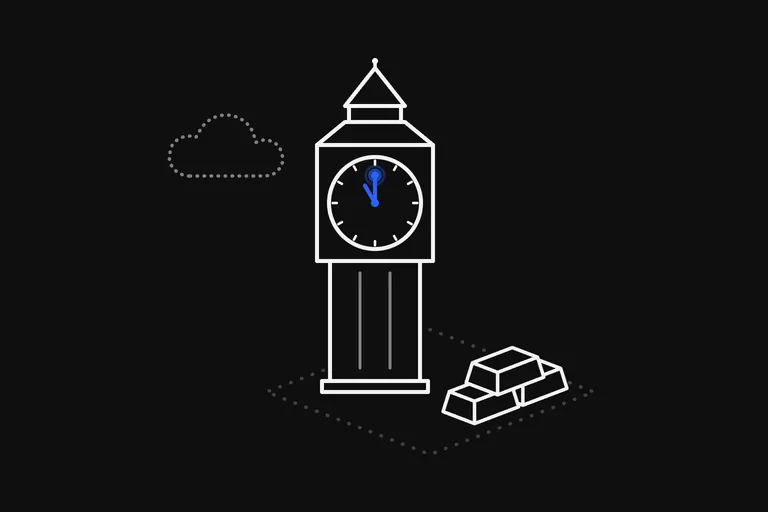 Line drawing: a clock tower like the one in London, drawn in white lines: a tall shaft, a round clock face with twelve tick marks and no numbers, and a pointed roof, standing on a dotted floor with a small stack of three gold bars at its foot; the two hands are blue, with rings spreading where the long one ends, and a dotted cloud hangs beside the tower.