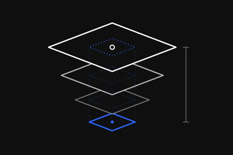 Line drawing: a small blue sheet at the bottom carries three wider sheets stacked above it, like an upside-down pyramid.