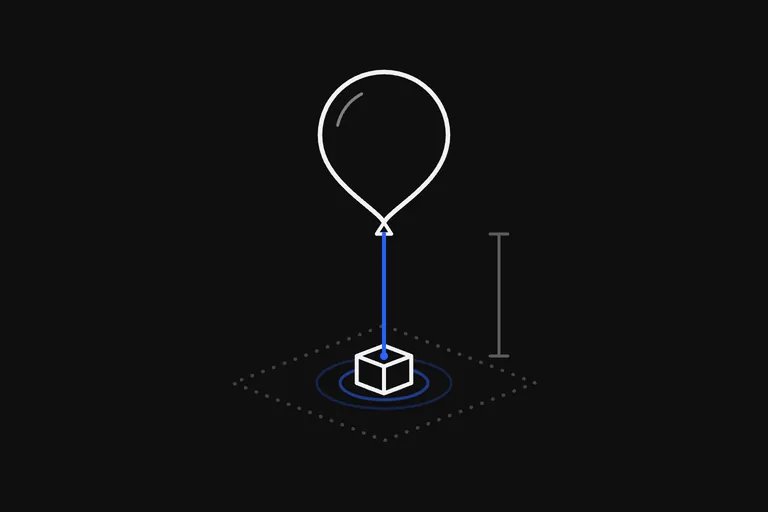 Dibujo de líneas blancas: un globo flota atado a una cuerda corta sobre un suelo punteado. La cuerda es azul y está tensa hasta un pequeño peso, con anillos azules que se expanden alrededor del peso, y una marca al costado muestra lo corta que es la cuerda.
