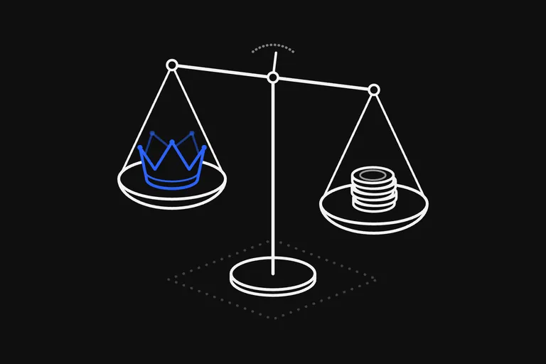 Line drawing: a balance scale standing on a dotted floor, drawn in white lines, with a blue crown in the pan that hangs higher and a stack of coins in the pan that hangs lower; the beam leans a little toward the coins, and a dotted arc above it marks how far its pointer can still swing.