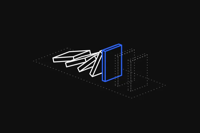 Line drawing: a row of seven slabs on a dotted strip, like dominoes: the first four have tipped over onto each other, the fifth is blue and is being hit, and the last two are only dotted.
