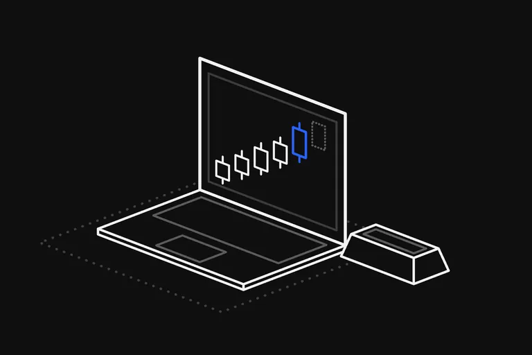 Line drawing: an open laptop on a dotted floor with a gold bar lying beside it; on the screen a row of candles climbs to the right, the newest one is blue, and the next one is only dotted.