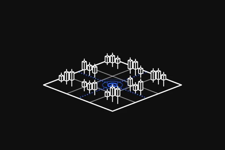 Line drawing: one flat sheet split into a grid of nine cells, with three small candles standing in each of the outer eight, and a blue dotted crosshair lying across the whole sheet through every cell, with blue rings spreading where its two lines meet.