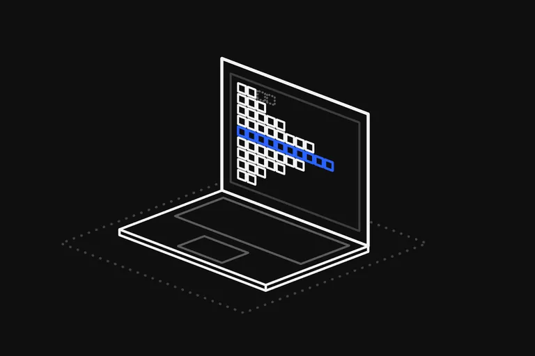 Line drawing: an open laptop on a dotted floor; on its screen rows of small squares stack out from the left like a market profile, the longest row in the middle is blue, and two squares still to come on the top row are only dotted.