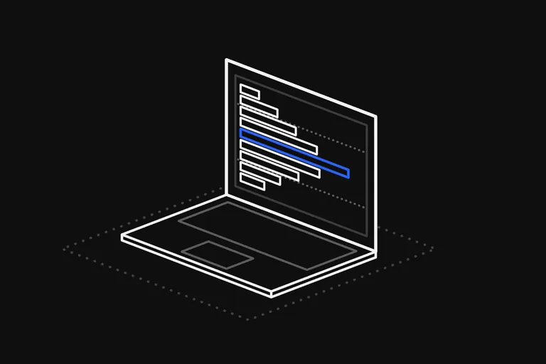 Line drawing: an open laptop on a dotted floor; on its screen a sideways profile of bars runs out from the left edge, the longest bar in the middle is blue, and two dotted lines across the screen mark where most of the volume sat.