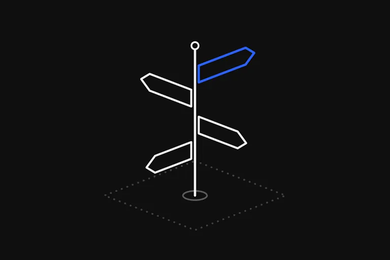 Line drawing: a signpost standing on a dotted floor with four boards pointing four different ways: three are drawn in white, and the top one, pointing up and to the right, in blue.