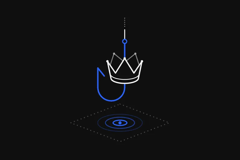 Line drawing: a fishing line coming down from above with a blue hook on its end and a small white crown threaded on the hook as bait, hanging over a dotted floor with blue rings spreading right under it.