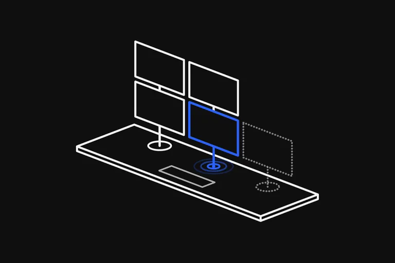 Line drawing: a desk drawn in white lines with four blank screens standing on it, two over two on their stands, and a keyboard in front; the lower right screen is blue, with rings spreading on the desk at its foot, and a fifth screen beside it is only dotted.