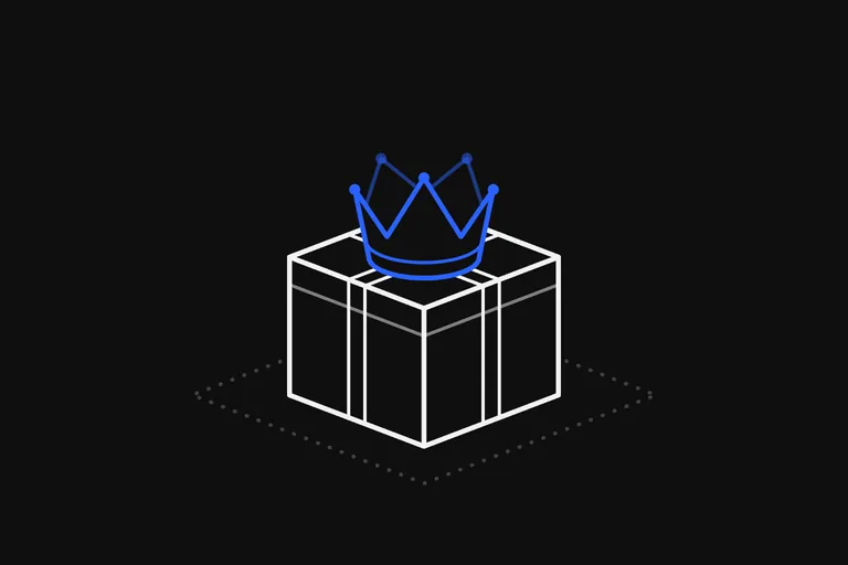 Line drawing: a wrapped gift box standing on a dotted floor, drawn in white lines with a ribbon across its lid, and a blue crown standing on top of it where the bow would be.