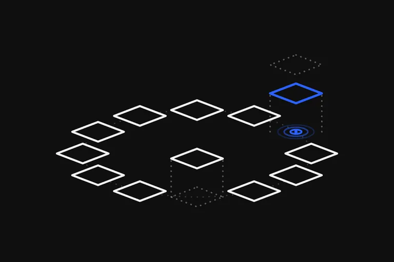 Line drawing: twelve small sheets lying in a ring, like the months of a year: two are lifted to the same height, one white and one blue with rings spreading on the floor beneath it, and a dotted sheet floats above the blue one.