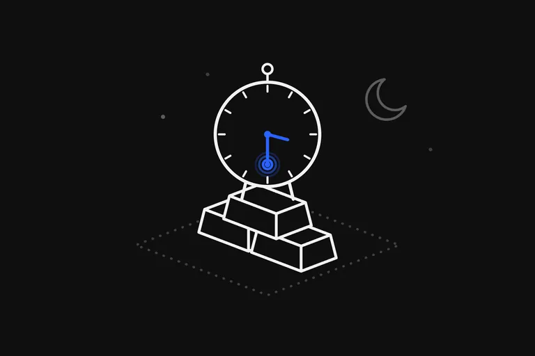 Line drawing: a round clock with twelve tick marks and no numbers, standing on two short legs on a stack of three gold bars on a dotted floor, drawn in white lines; its two hands are blue, with rings spreading where the long one ends, and a dim crescent moon and a few faint stars hang above it, for night.